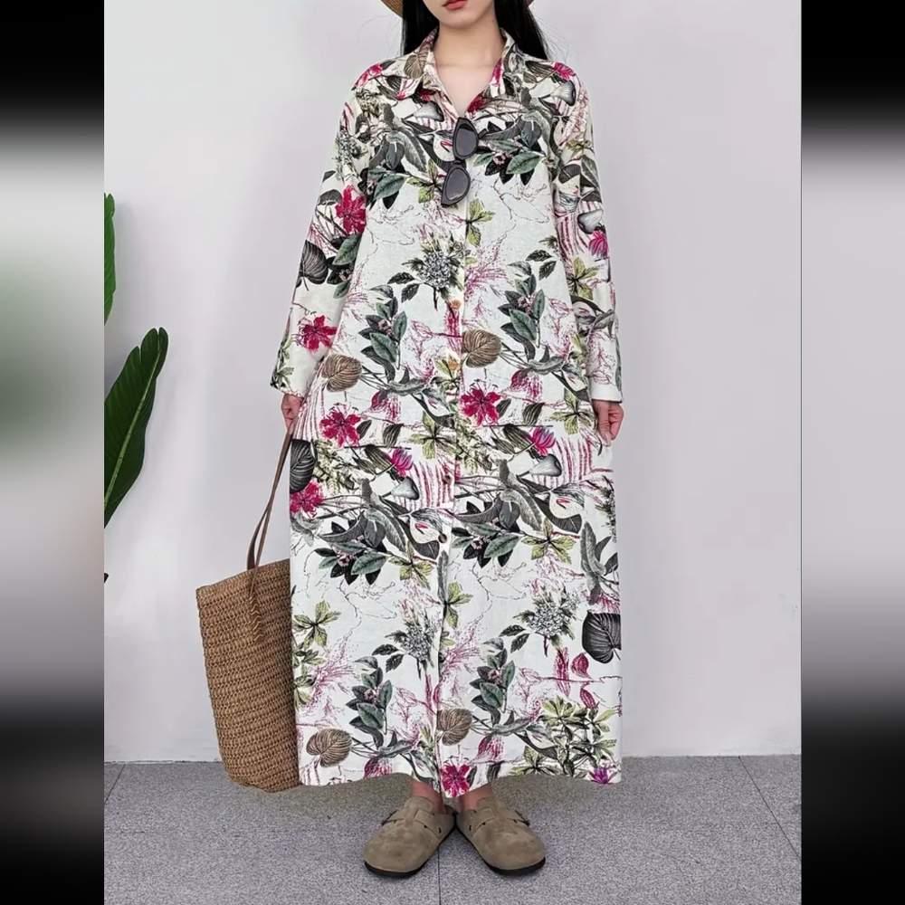 Floral Print Linen/Viscose Maxi Dress With Long Roll Up Sleeves